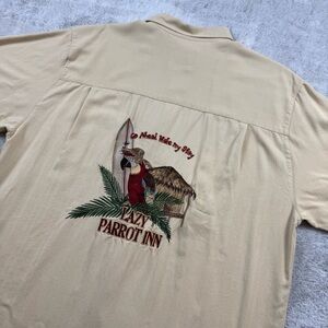 Joe Marlin 100% silk camp shirt men’s size XL brown lazy parrot inn embroidered